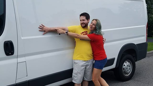 Todd and Kaitlin standing beside Edith (the van).